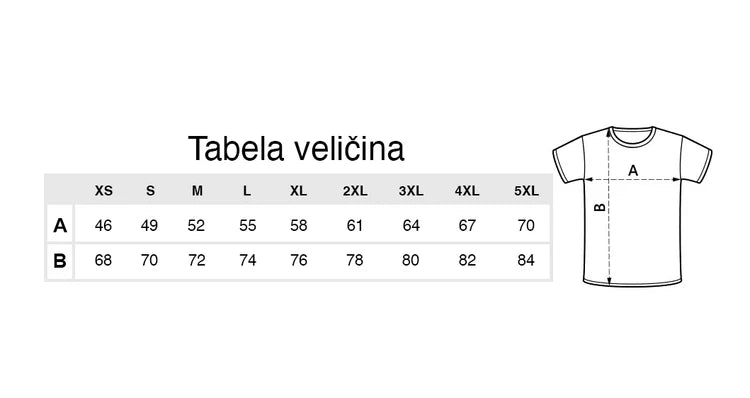 URBN. tabela veličina sa dimenzijama majica
